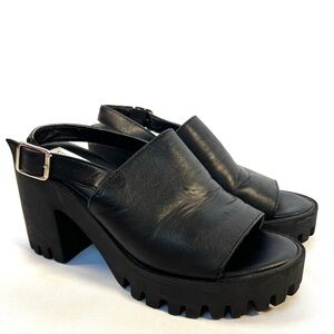 Steve Madden Sunnyside Black Leather Lug Sole Platform Heels Sandals Size 7.5